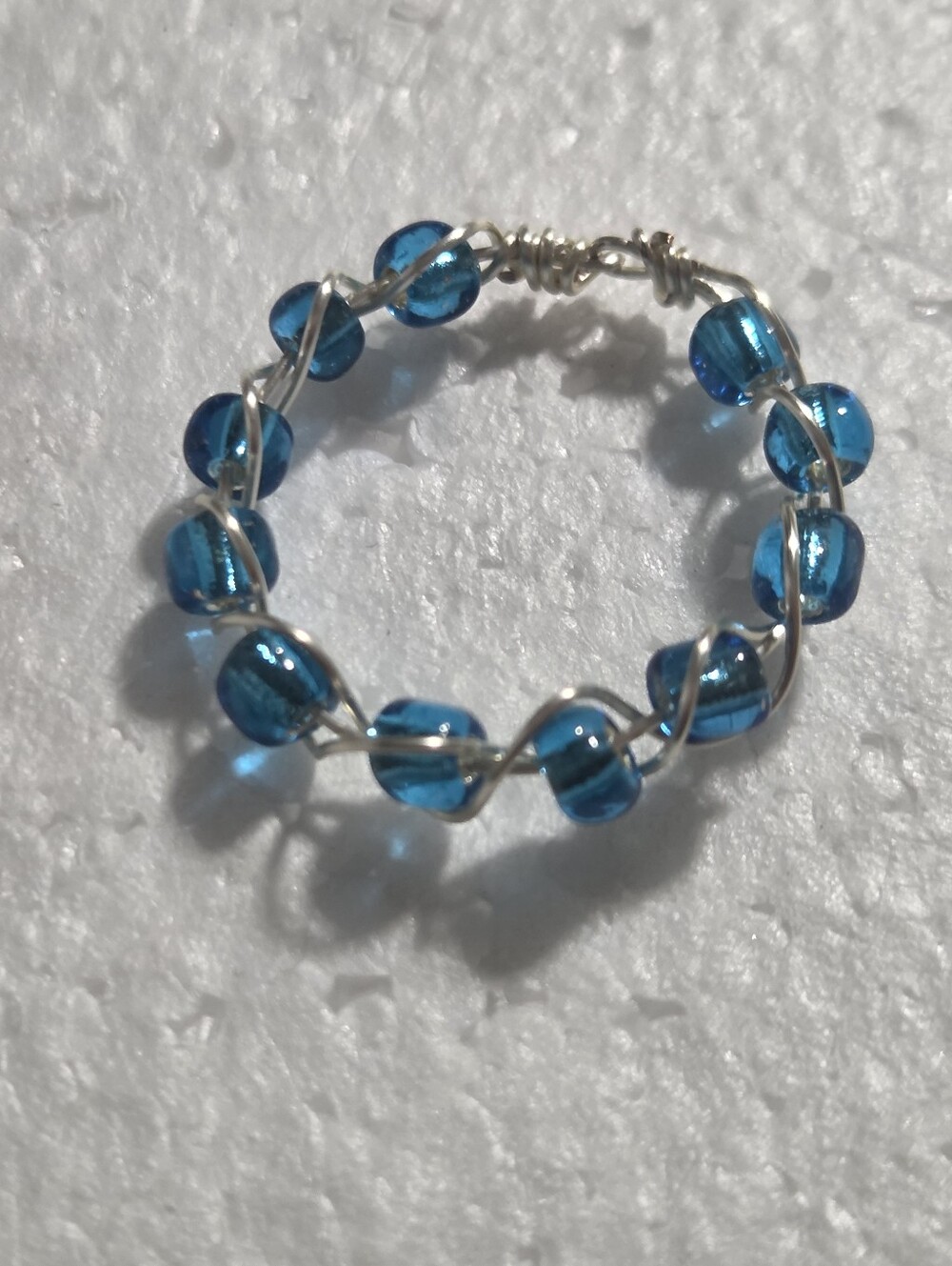 Handcrafted Blue Glass Bead Wire-Wrapped Ring